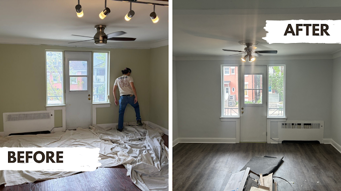 Before and after room repaint, walls and trim